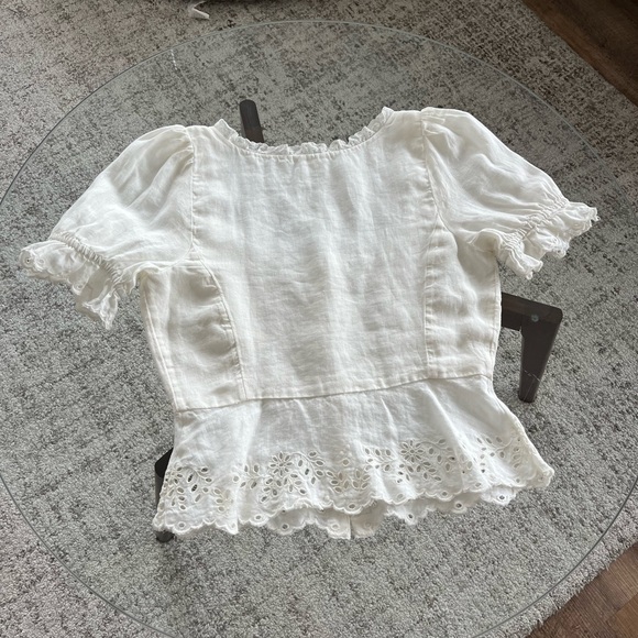 New Aritzia Wilfred Arwen White Linen Embroidered Peplum Summer Blouse Sz 2 - Picture 7 of 11